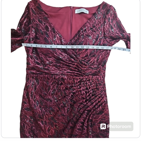 Mac Duggal Maxi Dress Ruched Embroidery Lace Sequin Faux Wrap Long Sleeves Gown - Picture 9 of 15